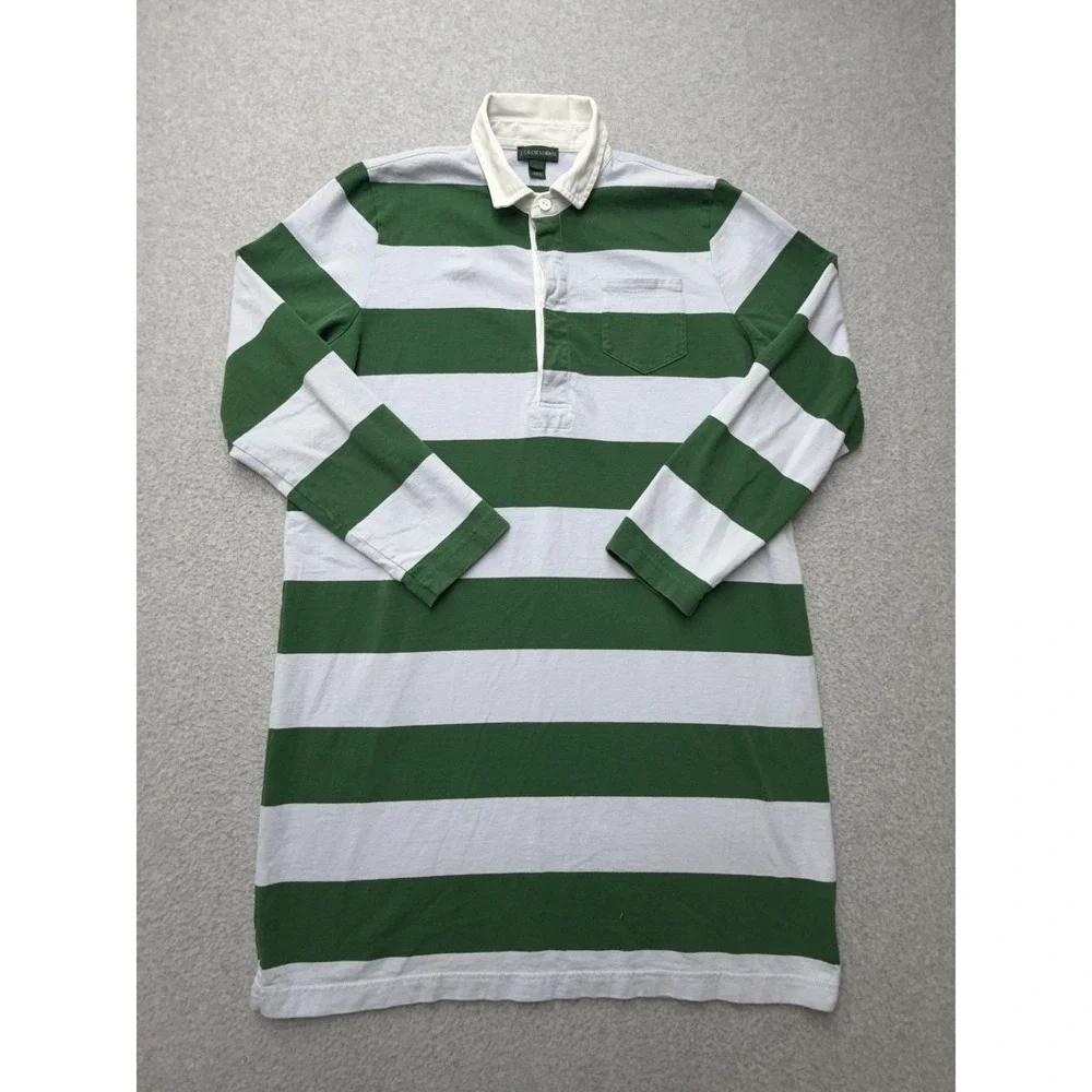 J.Crew Always Rugby Polo Shirt‎ Mens L Green White Stripe Long Sleeve Casual